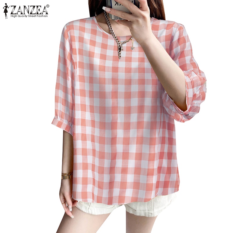 Zanzea Áo Kiểu Tay Lỡ 3 / 4 Họa Tiết Ca Rô Phong Cách Hàn Quốc Dành Cho Nữ