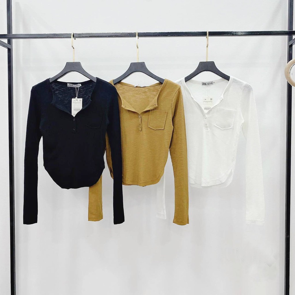 Áo croptop nữ dài tay thun tăm túi ngực Cheapy đen trắng vàng freesize form ôm tôn dáng cài cúc sexy tôn dáng C535