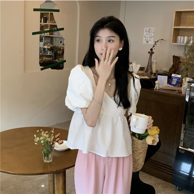 Áo Sơ Mi Tay Phồng Ngắn Cổ Vuông Màu Trơn Ngọt Ngào Thời Trang Cho Nữ