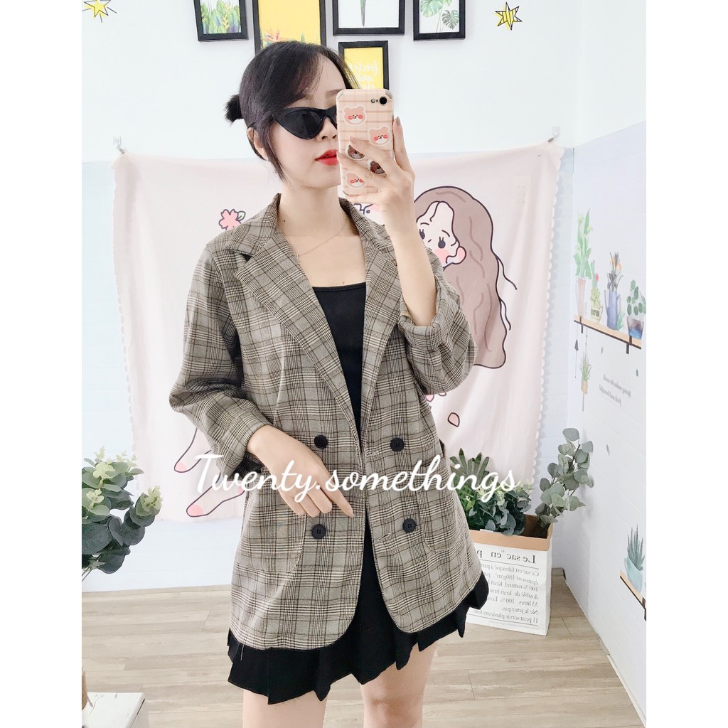ÁO BLAZER KẺ NÂU VINTAGE 2 LỚP ( ảnh thật/ video/ sẵn)