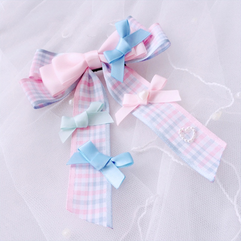 Kẹp Tóc Nơ Dài Họa Tiết Sọc Caro Phong Cách Lolita Dành Cho Nữ