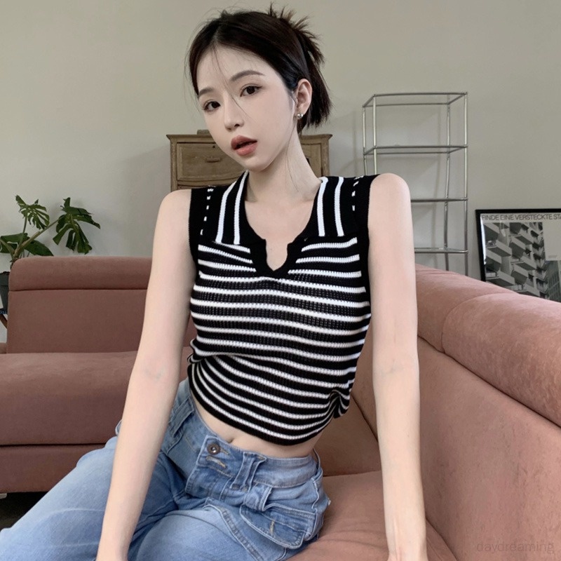 Áo Croptop Dệt Kim Sát Nách Cổ Bẻ Thời Trang Cho Nữ