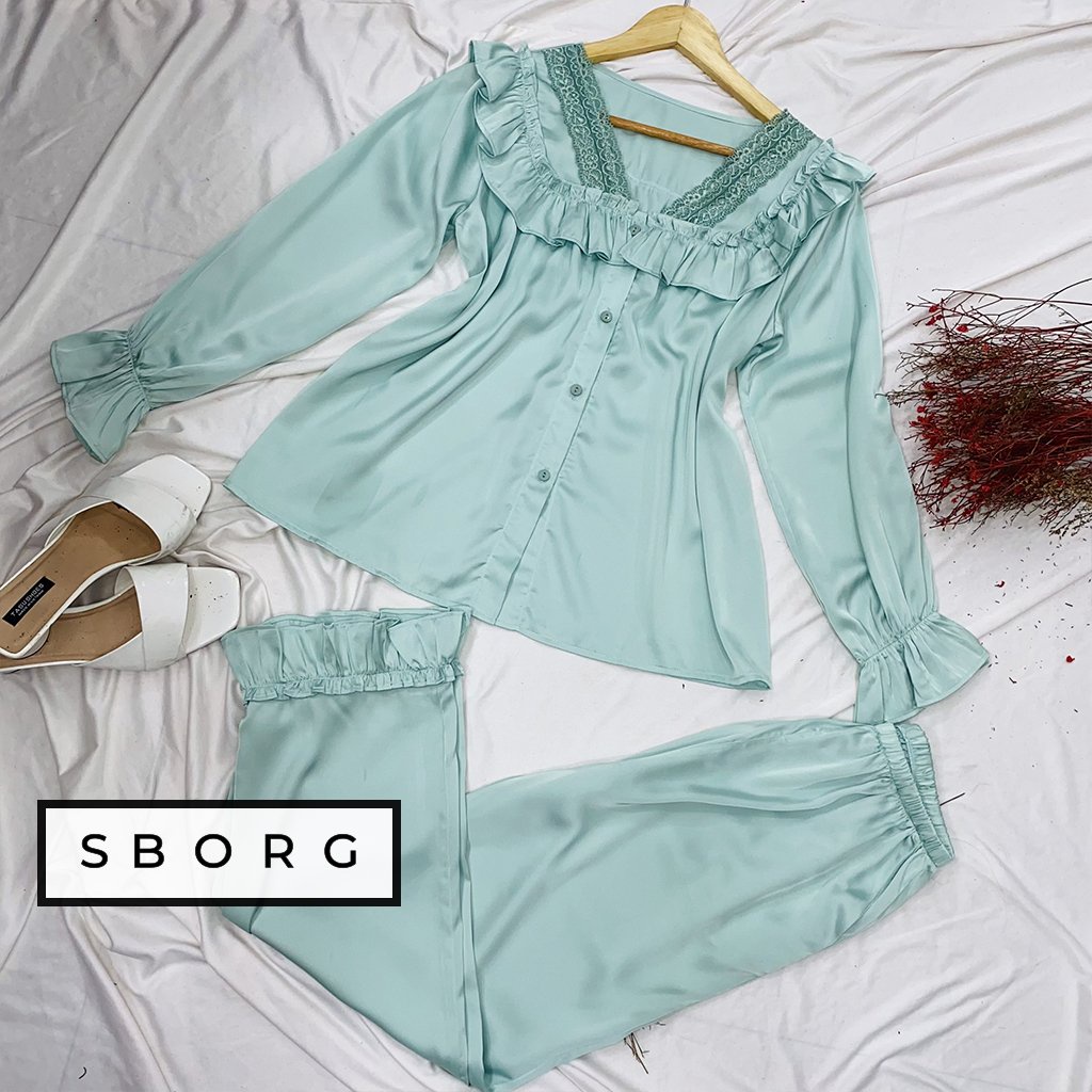 Đồ bộ mặc nhà SBORG bộ pijama dài tay lụa latin cổ áo viền ren mix bèo dún dễ thương phối quần dài có túi freesize 65kg