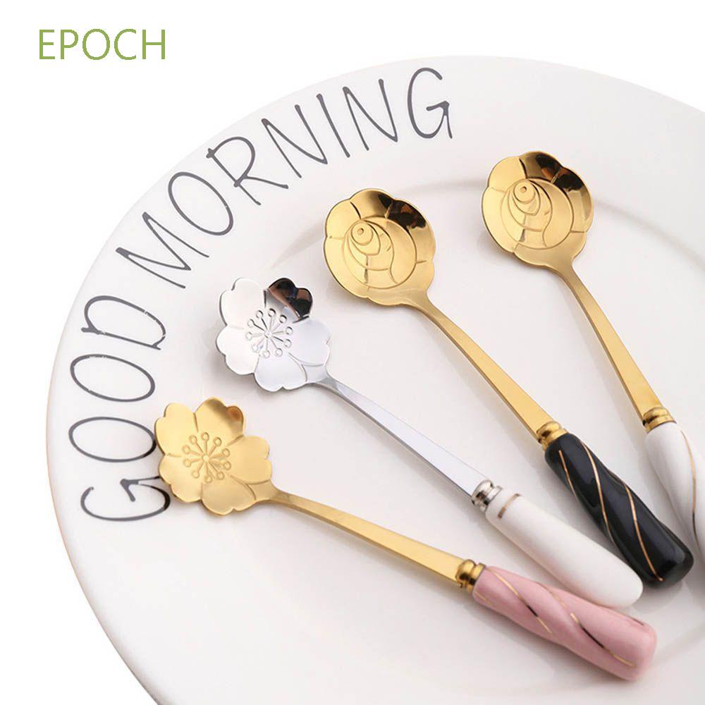 Muỗng thép không gỉ hình hoa tay cầm gốm dùng uống trà/cà phê cho nhà bếp