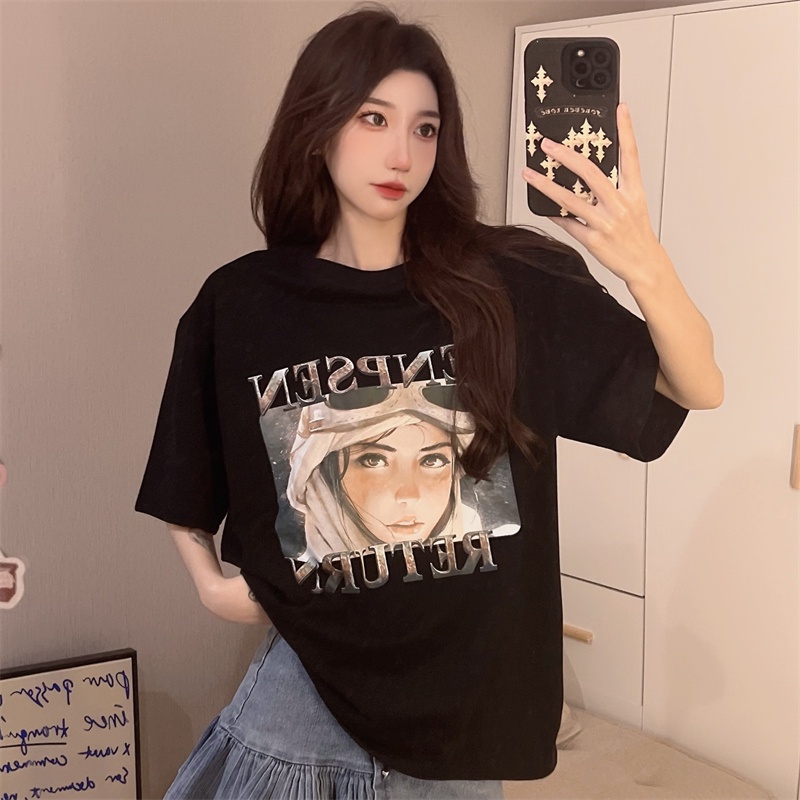 Áo thun SUXI tay ngắn cổ tròn dáng rộng in họa tiết đơn giản thời trang mùa hè cho nữ