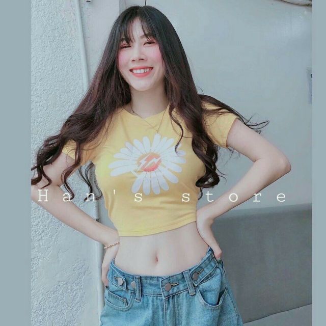 Áo Croptop in Hoa CT cotton Co giãn, thấm hút mồ hồi