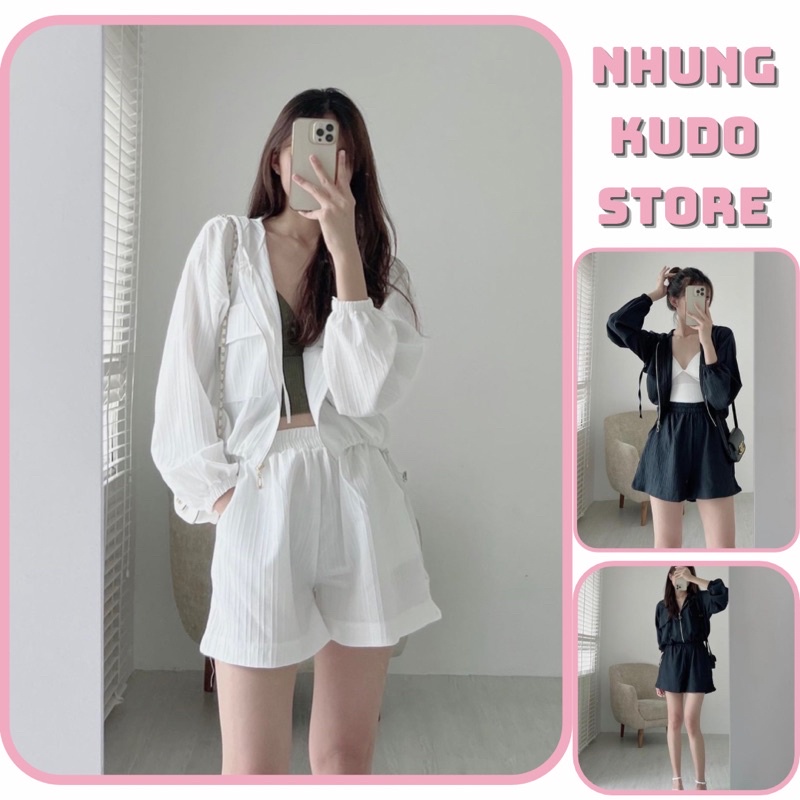 Set bộ áo khoác mũ kèm quần short chất đũi tơ mềm mịn phong cách thể thao năng động Nhungkudostore