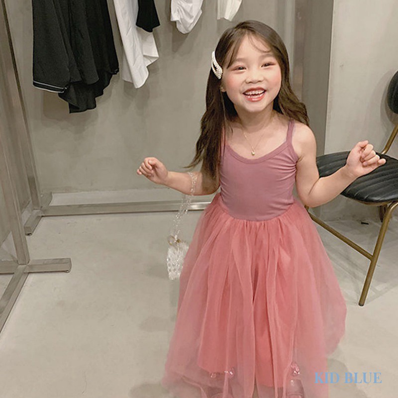 Đầm Công Chúa Mùa Hè Hai Dây Phối Lưới Màu Sắc Ngọt Ngào Phong Cách Hàn Quốc Cho Bé Gái