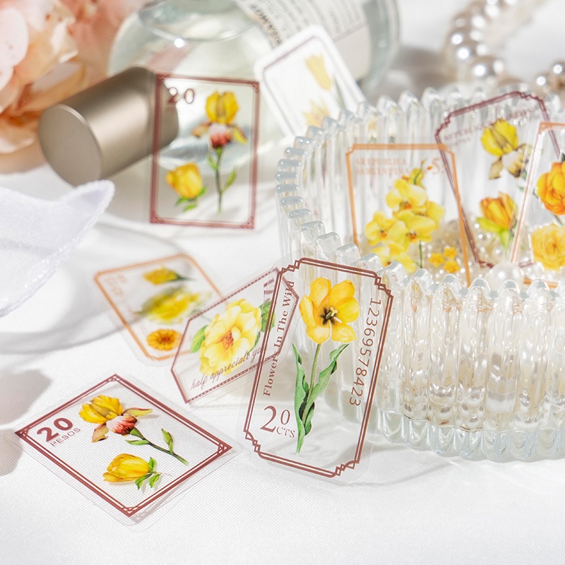 Set 40 Miếng Dán PET Trong Suốt Chống Thấm Nước Họa Tiết Hoa Xinh Xắn Dùng Trang Trí Sổ Tay DIY