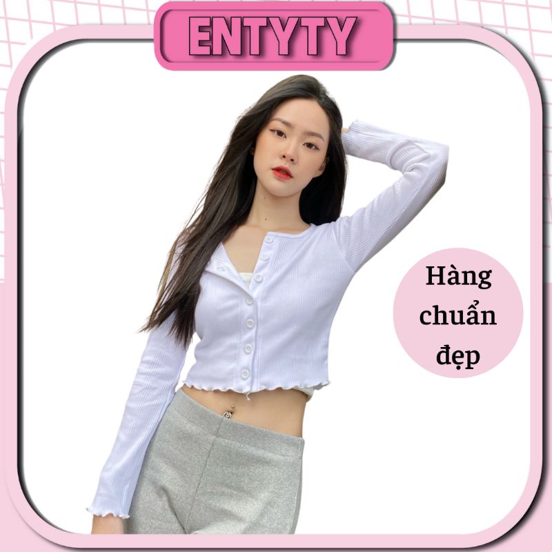 Áo 7 cúc croptop tay dài cuốn biên len quảng châu - A3C77