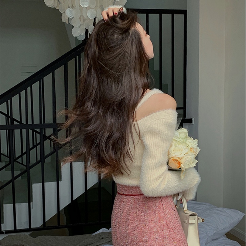 SUXI Áo kiểu dệt kim tay dài ôm dáng trễ vai phong cách Hàn Quốc thời trang mùa thu dành cho nữ