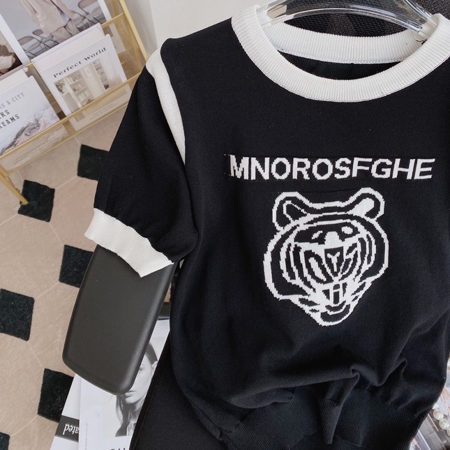 Áo thun ZHELIHANGFEI dệt kim ngắn tay cổ tròn thêu họa tiết xinh xắn