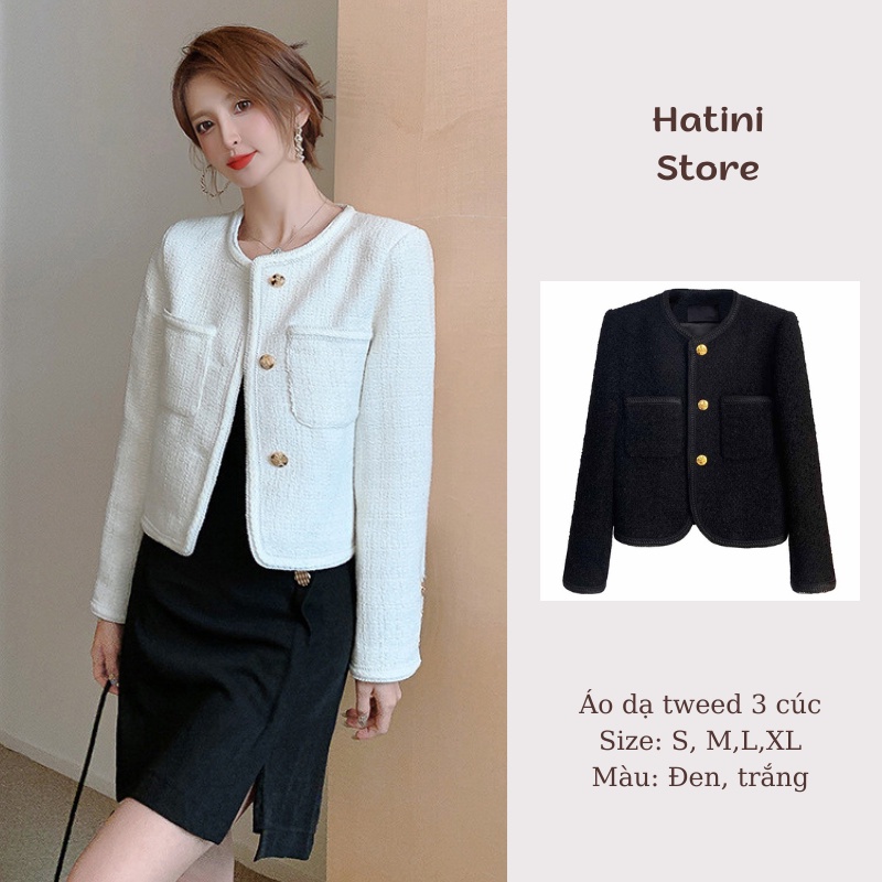 Áo dạ trơn thiết kế cao cấp phong cách Hàn Quốc, áo dạ tweed nữ trắng đen form ngắn cúc đồng AD01
