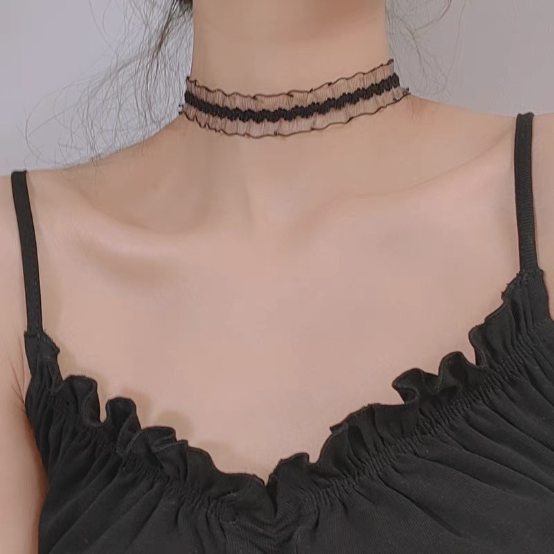 Vòng Cổ Choker Ren Màu Đen Mặt Trái Tim Ngôi Sao Đính Đá Phong Cách Hàn Quốc