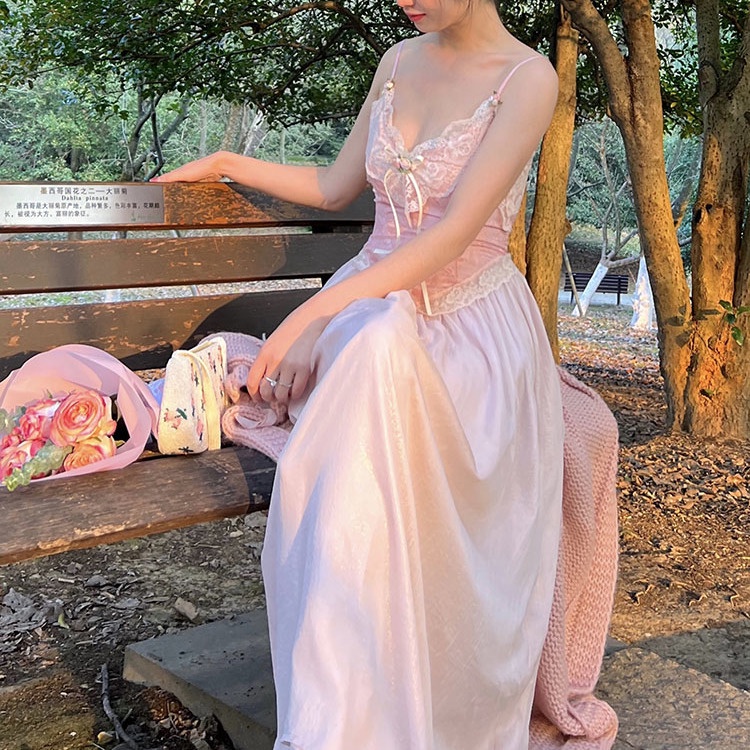 Đầm Nữ Hai Dây Dáng Dài Phong Cách Thời Trang Pháp Cổ Điển Chất Lượng Cao