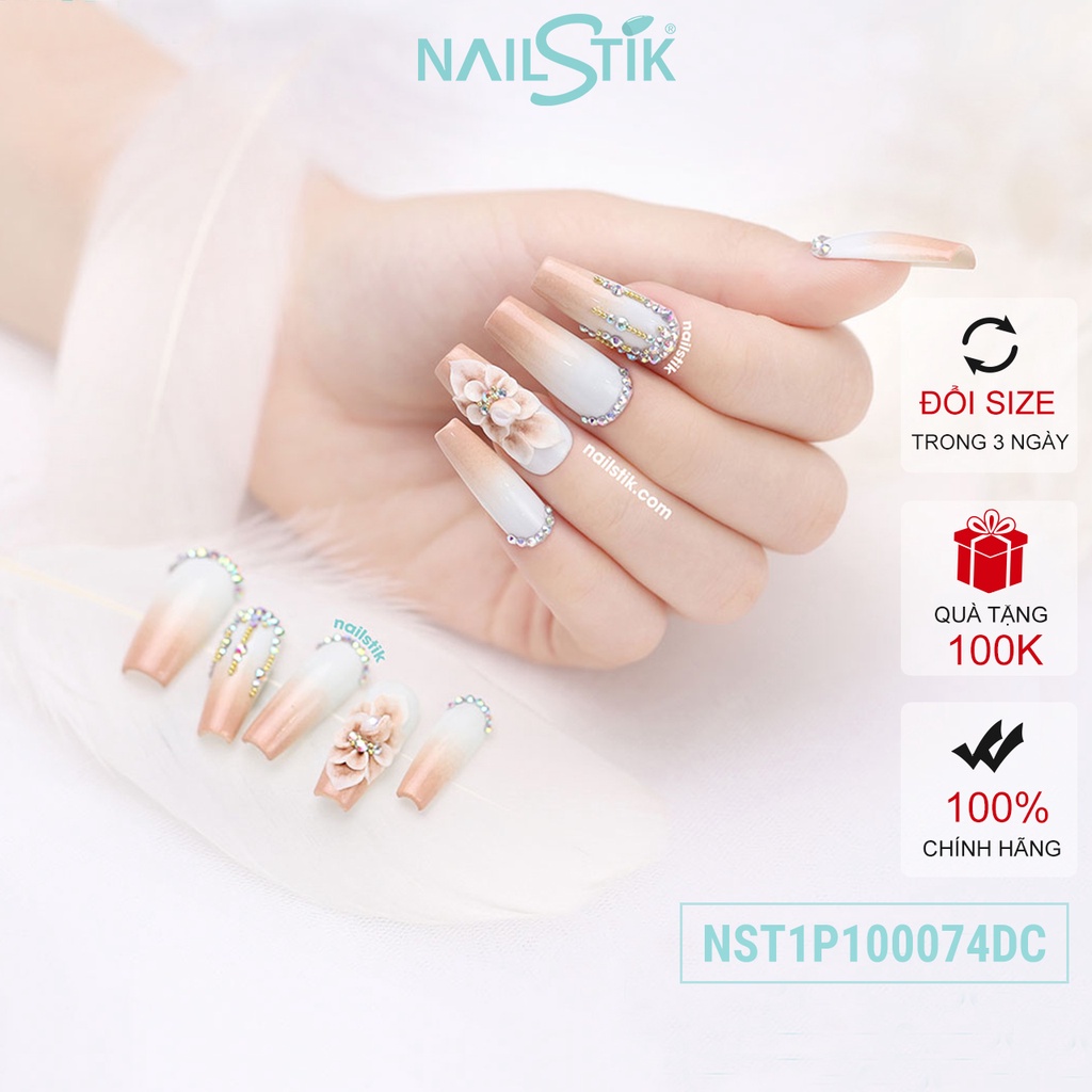 Bộ móng dán Nailstik party, màu ombre trắng, form móng coffin, dài 074
