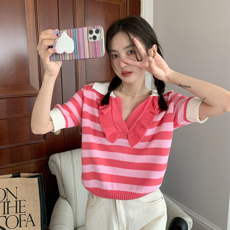 Áo thun polo dệt kim ZHELIHANGFEI dáng rộng kẻ sọc cá tính