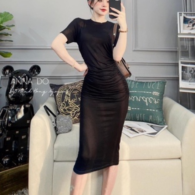 Váy Body Đen Dúm Hông Dáng Dài Tay Cộc Đầm Ôm Bó Chất Bozip