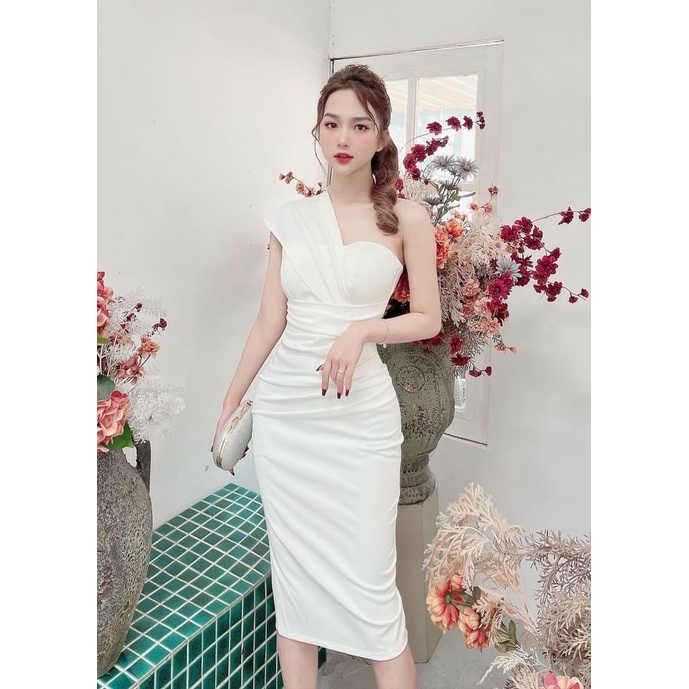 Đầm body nữ lệch vai xếp ly eo sang chảnh với 4 màu sắc  thích hợp cho nàng dạ tiệc