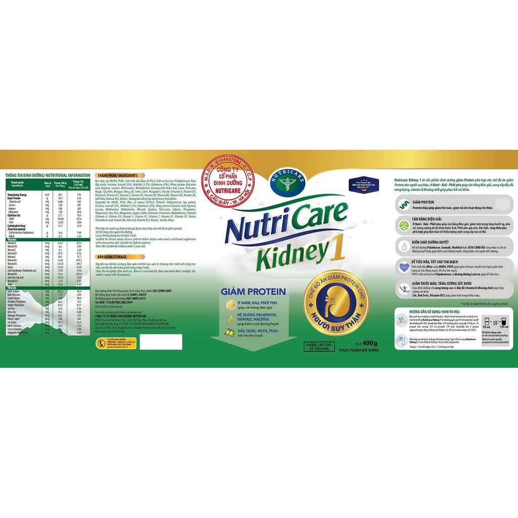 Sữa bột NUTRICARE KIDNEY 1 Dinh dưỡng chuyên biệt cho bệnh nhân suy thận trước lọc thận - 400g