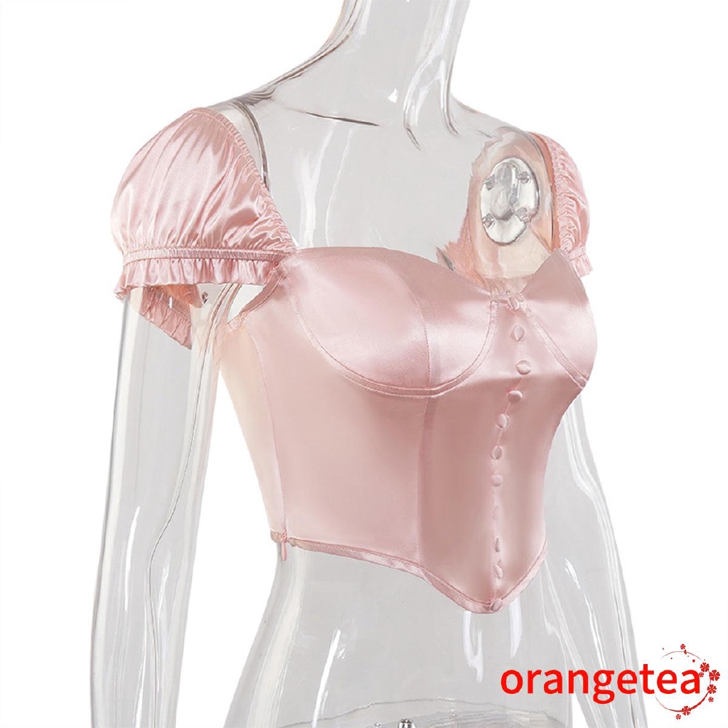 Áo thời trang cổ vuông tay phồng màu trơn trang trí 1 hàng cúc sành điệu gợi cảm