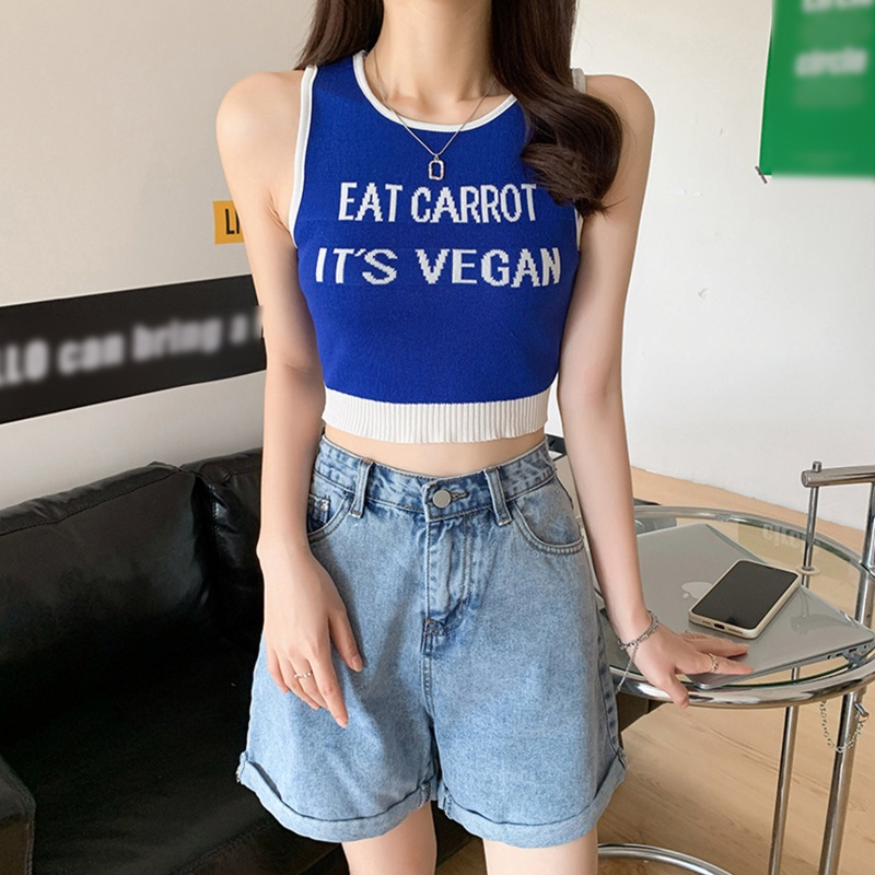Brroa Áo Crop Top Dệt Kim Không Tay In Chữ Phối Màu Tương Phản Thời Trang Mùa Hè Cho Nữ