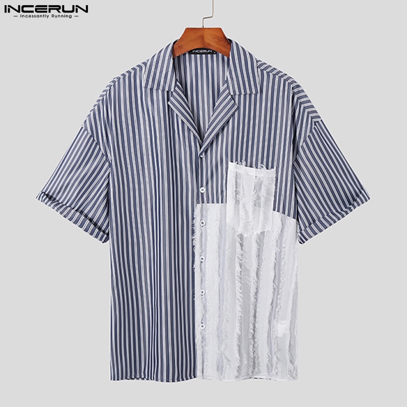 Áo sơ mi INCERUN ngắn tay dáng rộng gài nút kẻ sọc thời trang cho nam