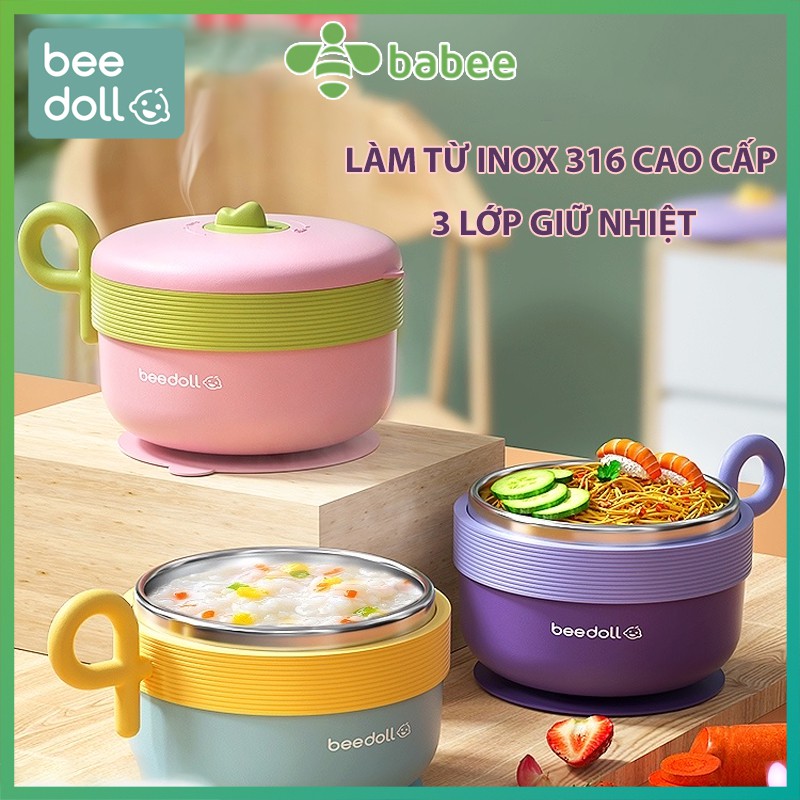Bát ăn dặm BeeDoll giữ nhiệt 3 lớp cao cấp cho bé, chống nóng, có để hút chân không chống đổ (Ruột INOX 316)