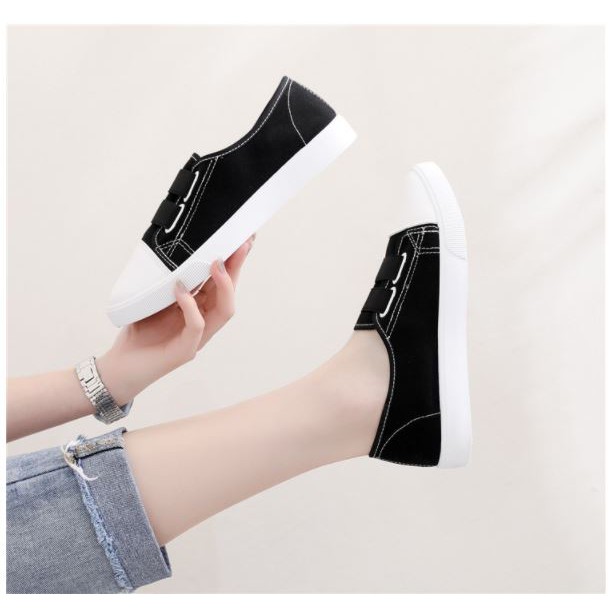 Giày lười nữ vải trắng, đen siêu nhẹ dây rút, giày slip on nữ