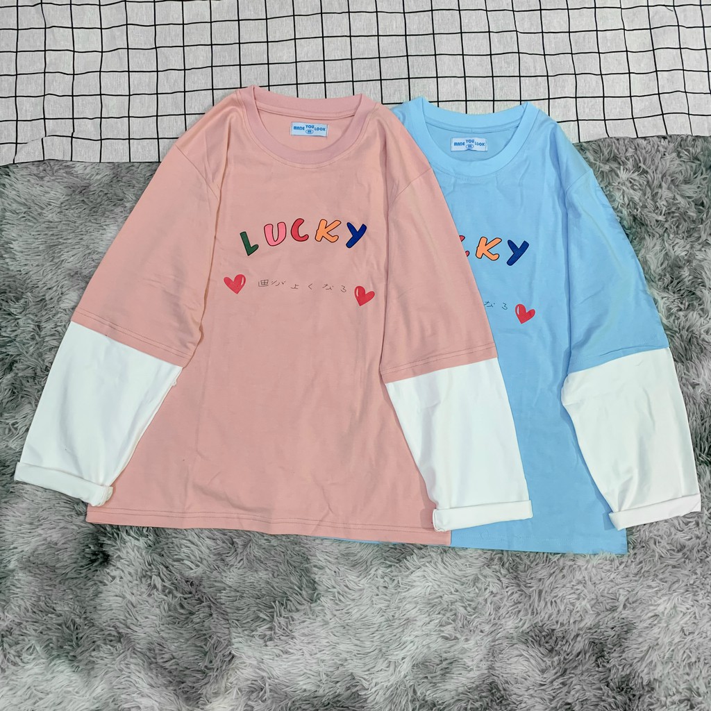 Áo thun dài tay  LUCKY  phông Unisex nam nữ tee oversize form rộng pull Ulzzang Streetwear Hàn Quốc vải mềm