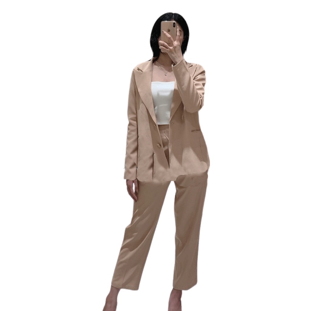 RECHIC Set Hailey màu be Áo vest Blazer công sở + quần tây ống đứng phong cách Hàn Quốc xinh xắn dễ thương