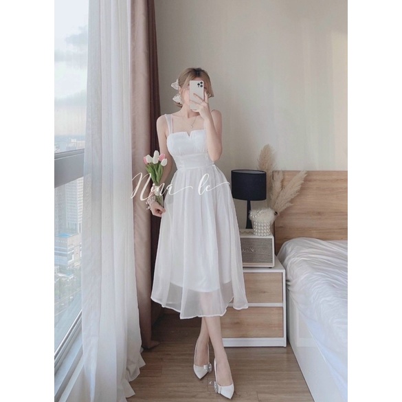 Đầm thời trang nữ mặc đi biển chất voan có lót mút ngực 2 dây maxi dài màu trắng