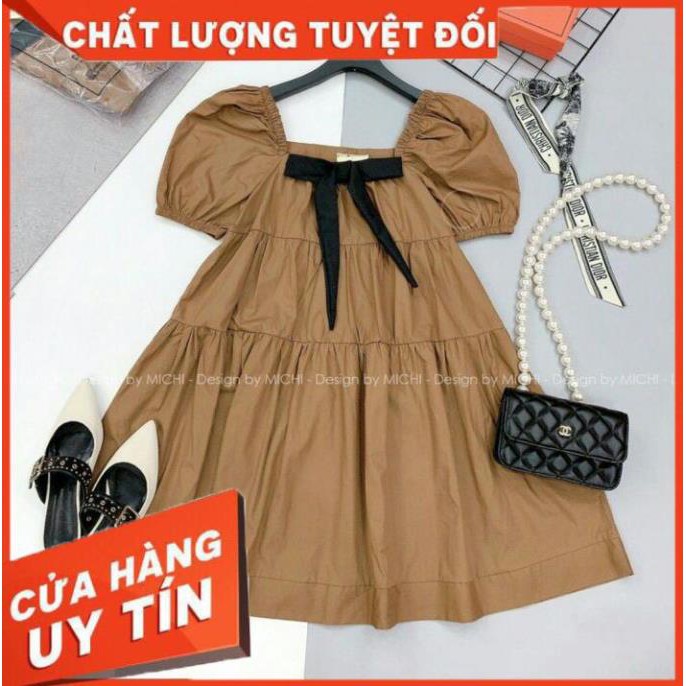 váy thiết kế babydoll dáng suông tầng đính nơ ngực