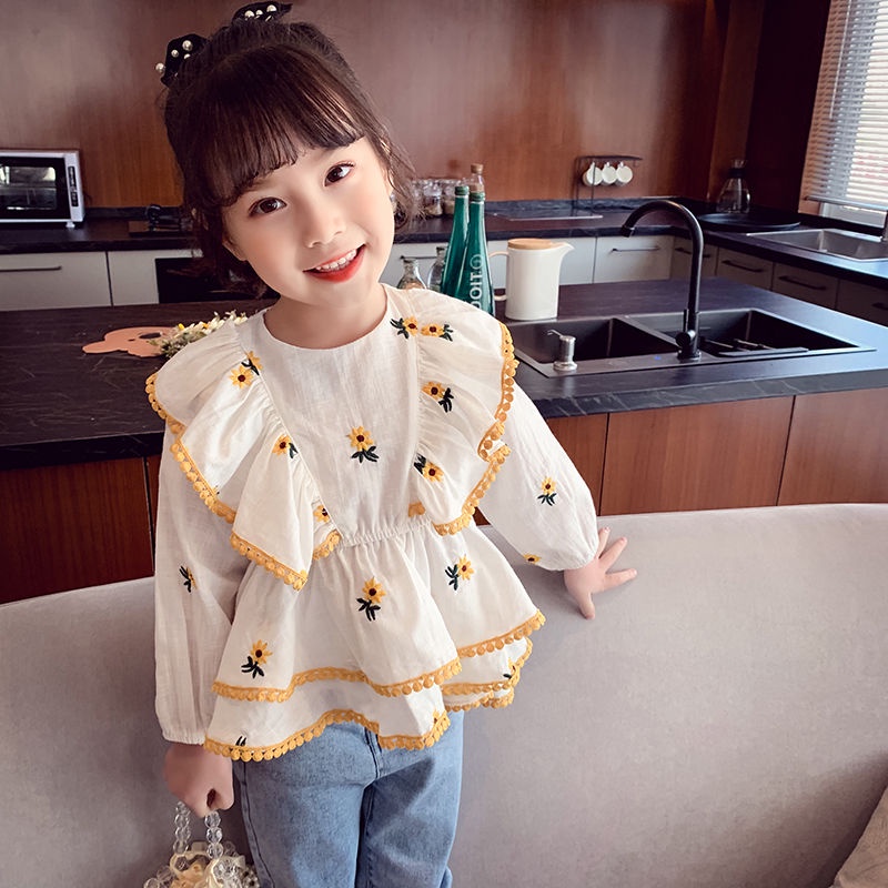 Bé gái 1-6 tuổi áo sơ mi dài tay cotton tinh khiết váy ren thêu áo sơ mi bé gái