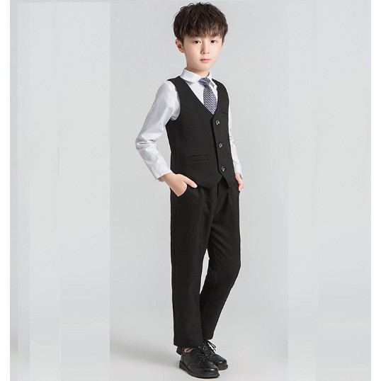 Bộ ghile vest bé trai đen TQB032 gồm 3 chi tiết (áo ghile + áo vest + quần tây) tặng kèm cavat