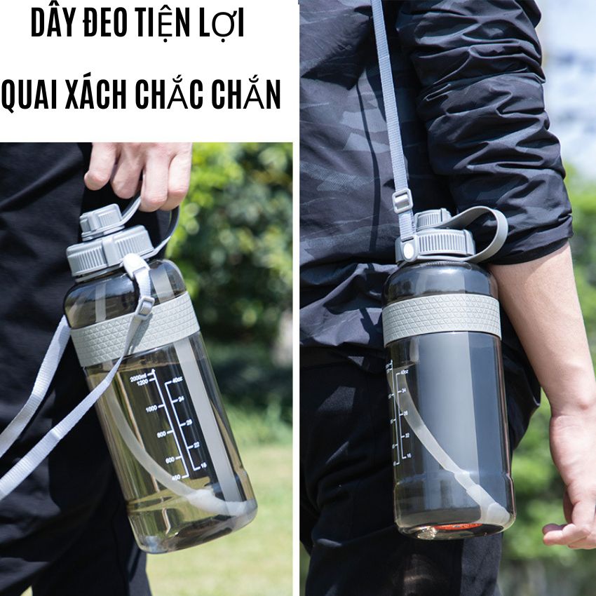 Bình nước 2 lít đẹp tập gym thể thao có vòi hút dây đeo chất liệu nhựa PC an toàn khi sử dụng