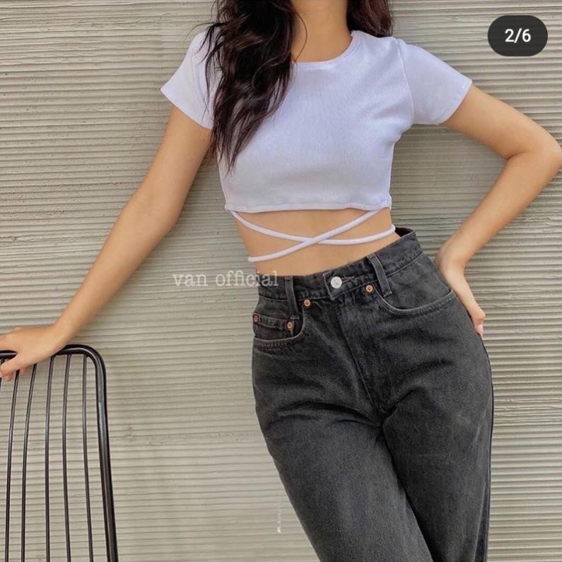 Áo croptop cổ tròn trơn kiểu cột dây eo cực xinh , chất thun bozip mềm mịn mát