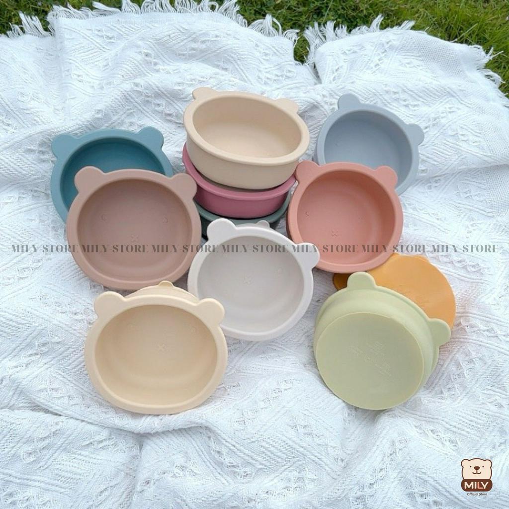 Bát ăn dặm chính hãng Mily silicone hình gấu đế hít chống đổ