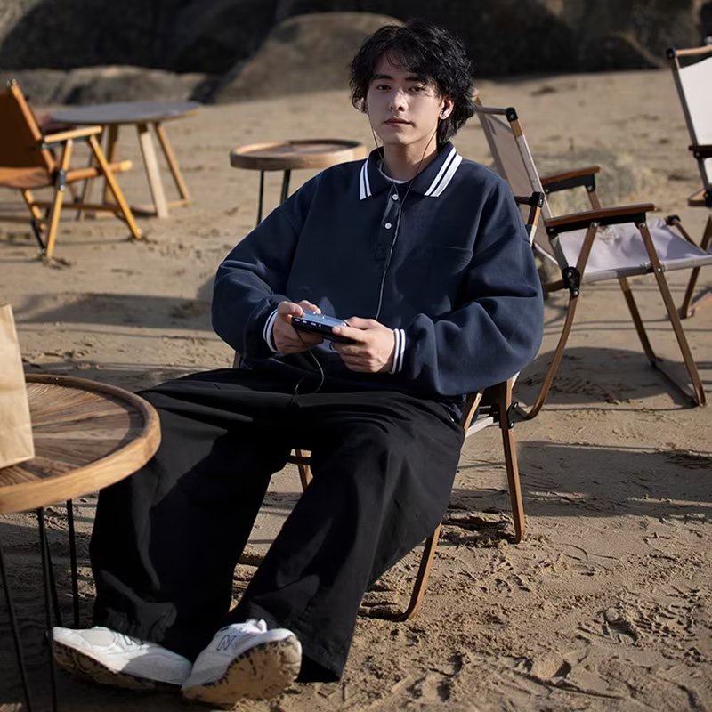 Áo Thun Polo Tay Dài Màu Trơn Đơn Giản Phong Cách Harajuku Nhật Bản Thời Trang Cho Nam