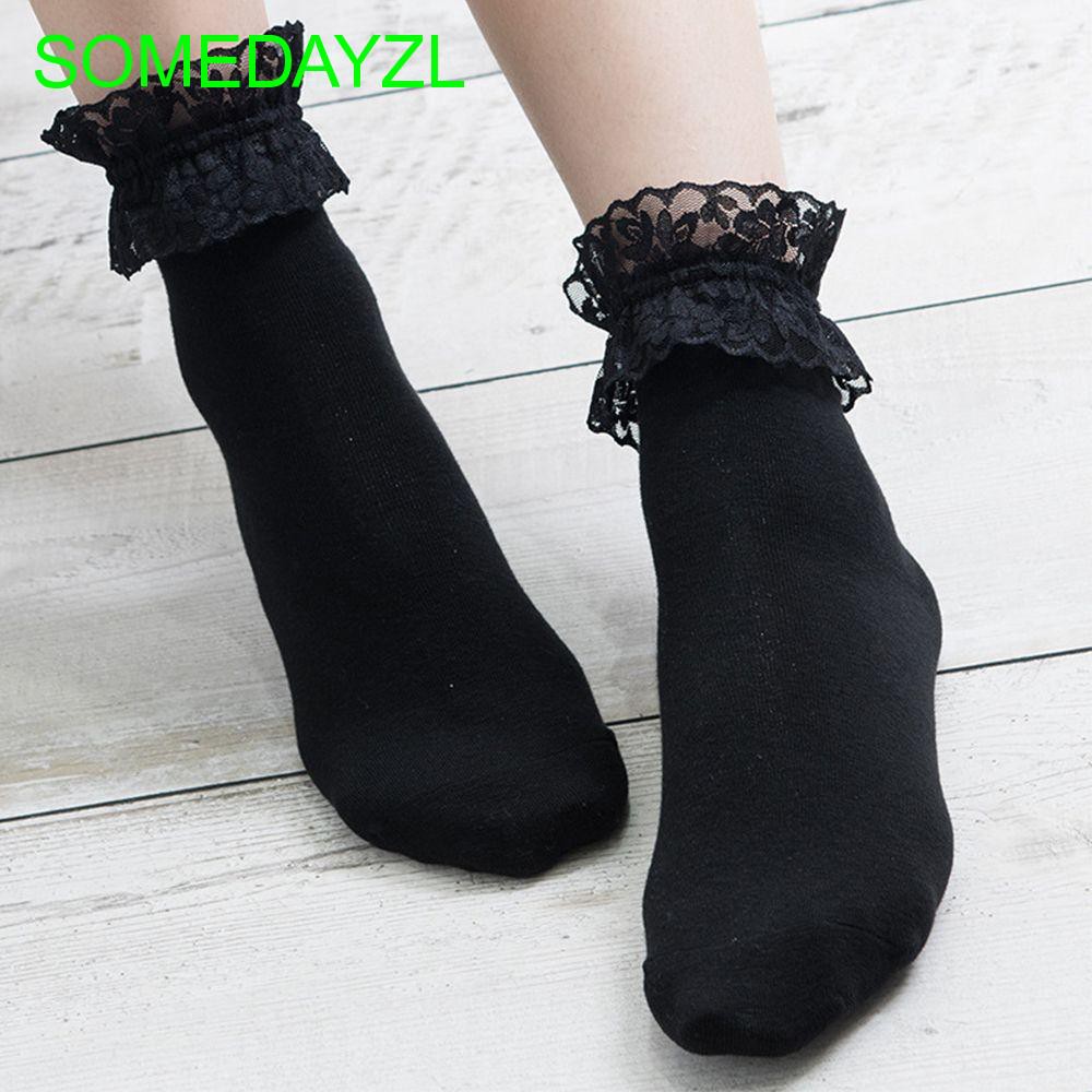 Tất cotton viền ren màu trơn
