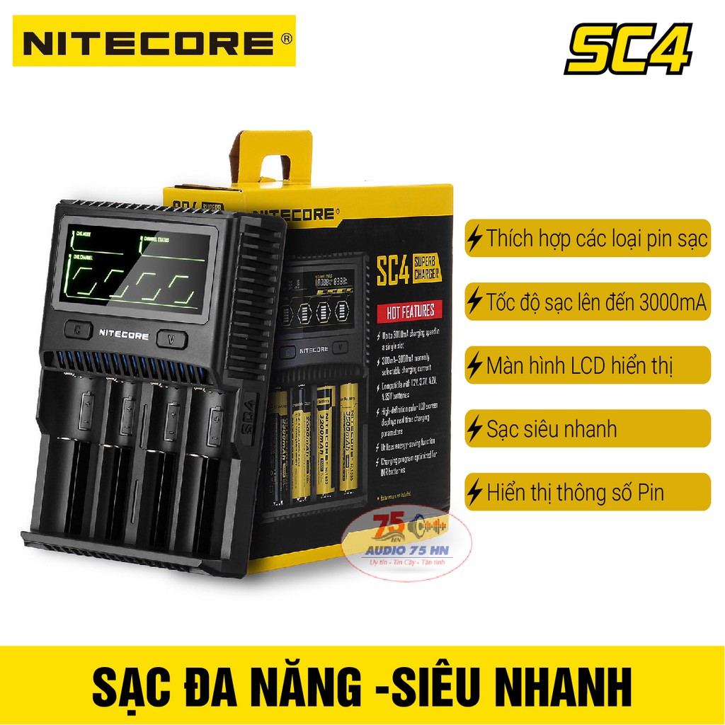 {Hàng chính hãng} Bộ Sạc pin thông minh siêu nhanh 6A Nitecore SC4, hiển thị thông số pin
