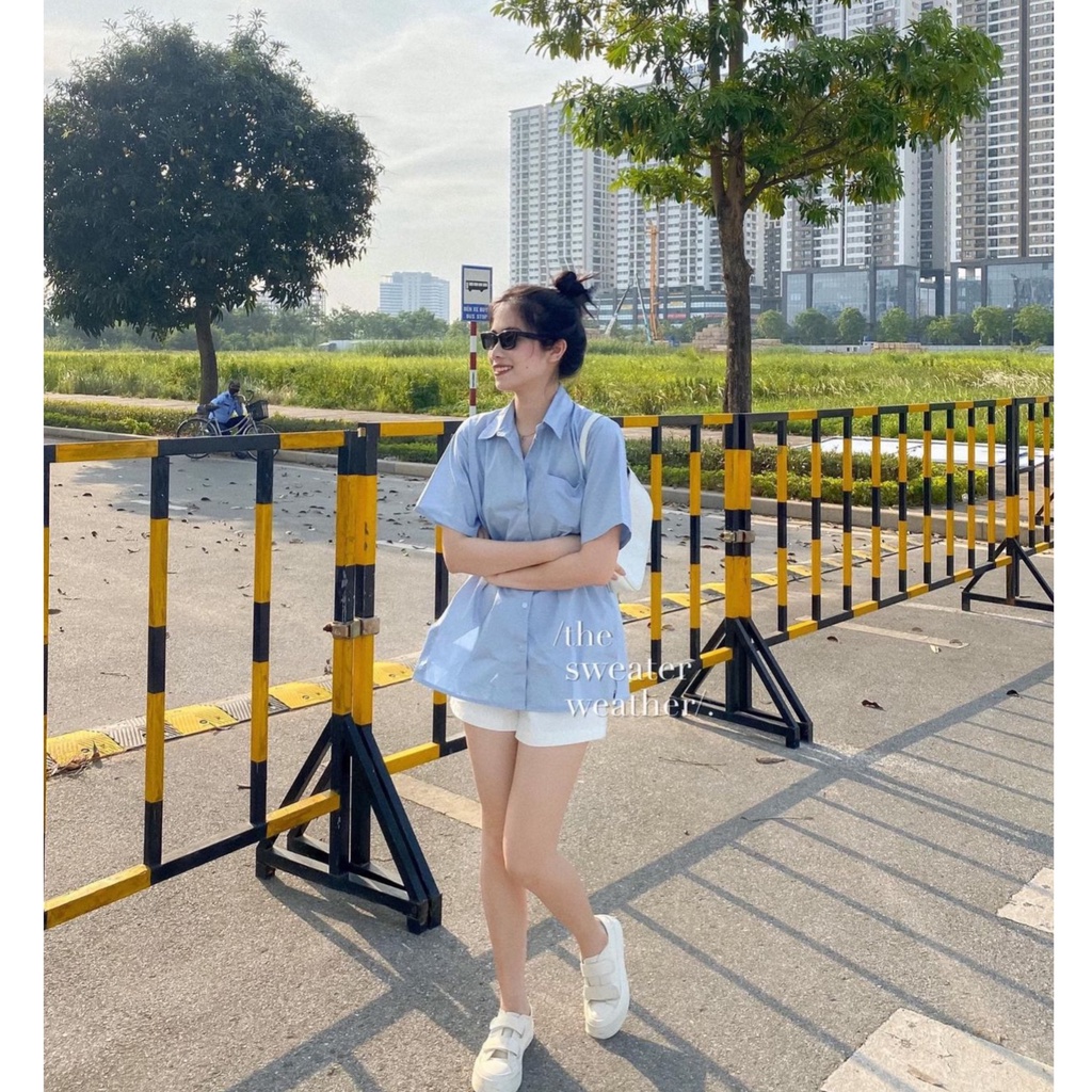 Áo sơ mi nữ form rộng xẻ tà vạt cúc Kiểu Màu Trắng be xanh đẹp ngắn tay ulzzang vintage hàn quốc cao cấp kozoda SM39