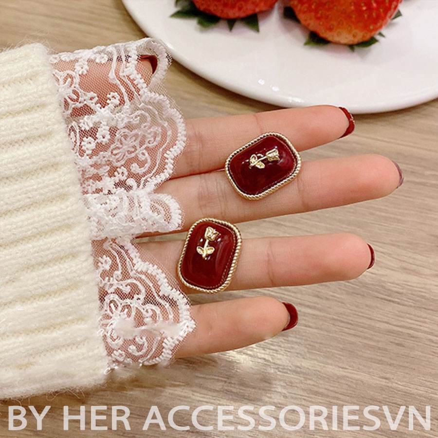 Hoa Tai Nữ Hoa Hồng Đỏ Phong Cách Cổ Điển Her Accessories | H11