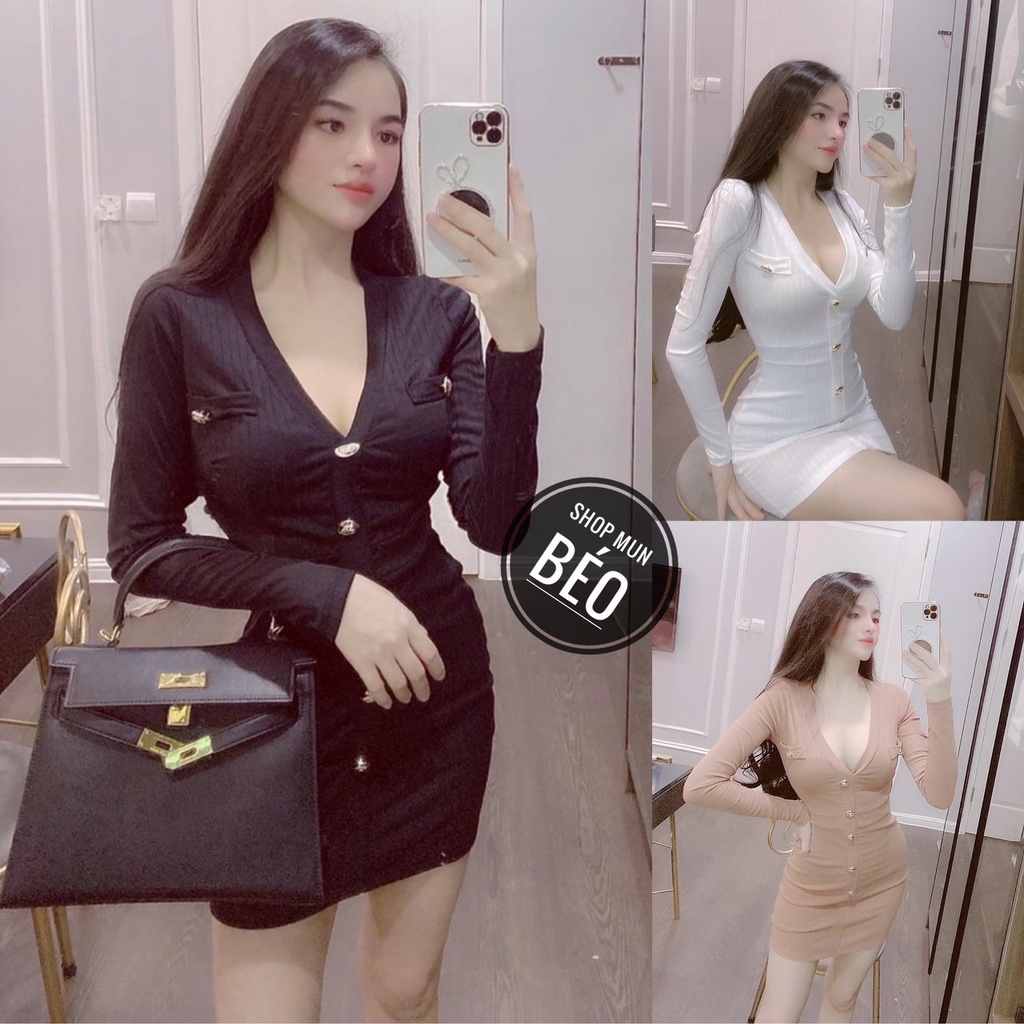 Đầm Body Tay Dài Cổ Tim Nút Chất Thun Gân Co Giãn Thích Hợp Mặc Đi Tiệc Đi Làm Đi Chơi