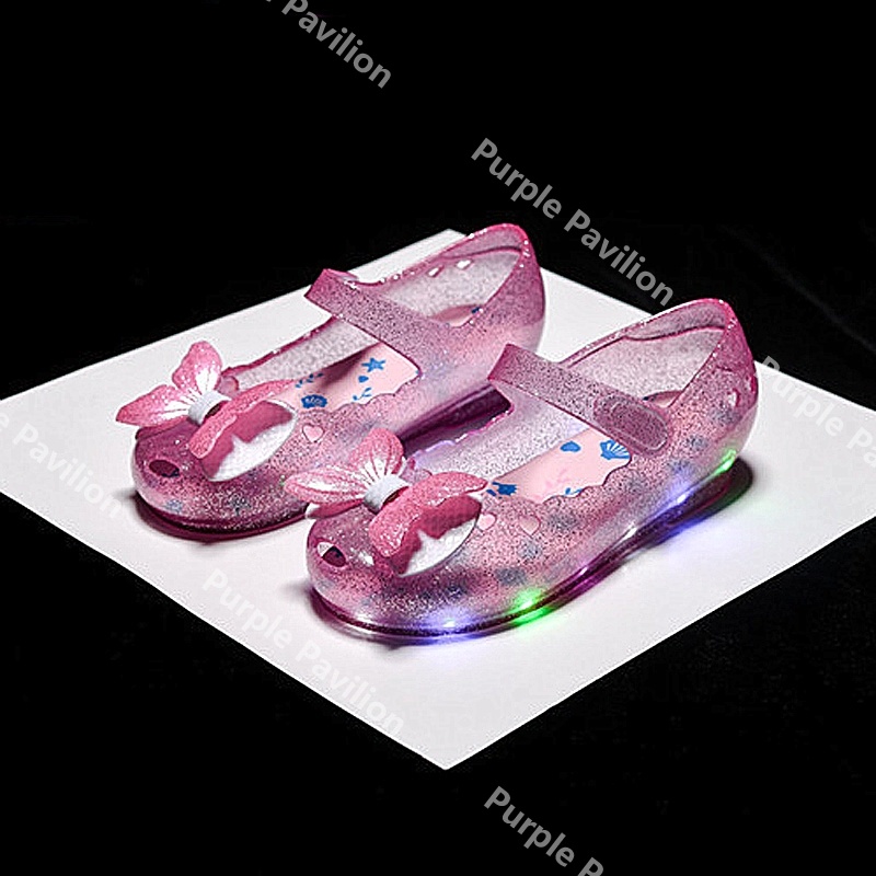 ✿Hàng Có Sẵn✿ Giày Búp Bê Nhựa Mềm Đính Nơ Có Đèn LED Dễ Thương Cho Bé Gái