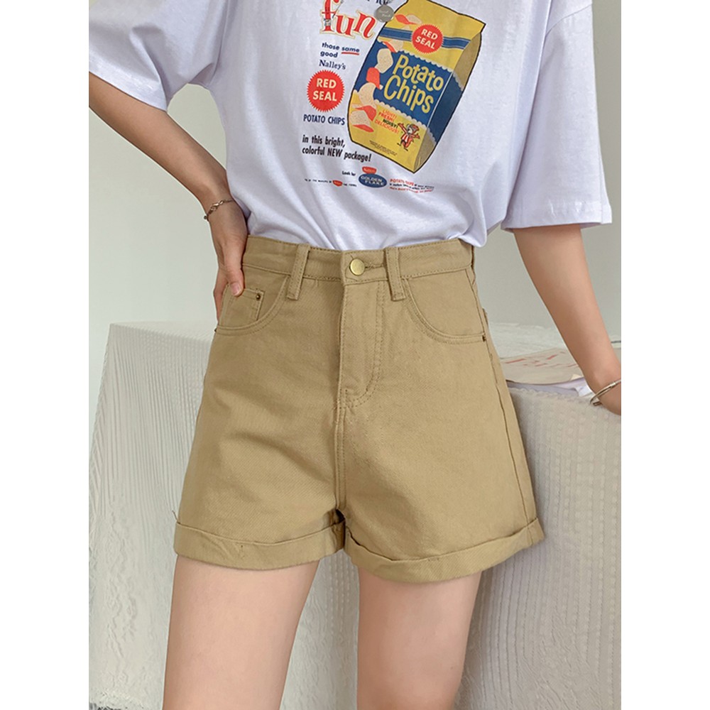 Quần short vải denim lưng cao ống rộng 4 màu tự chọn cho nữ