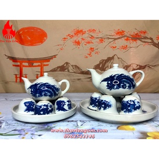 Bộ ấm chén pha trà thờ men lam Sen rồng 4 mẫu
