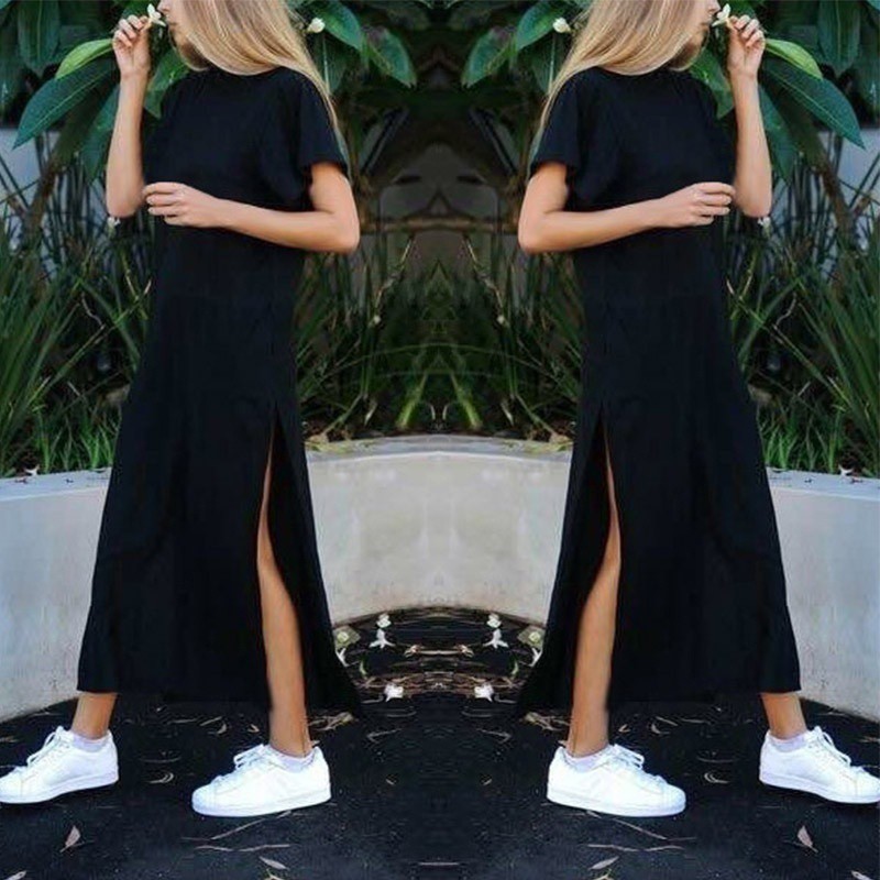 FREESHIP ĐƠN 99K_ Đầm thun tay ngắn form suông dài phối xẻ tà cá tính cho nữ | BigBuy360 - bigbuy360.vn