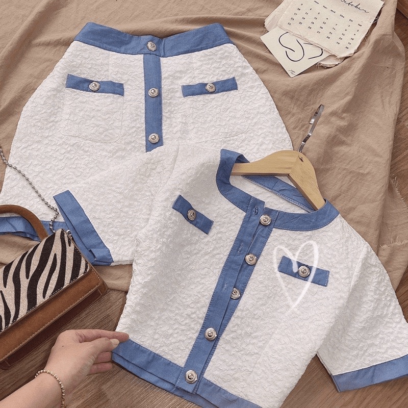 (Free Ship) SET XỐP VIỀN XANH NÚT ÁO CROPTOP + CHÂN VÁY CÓ LÓT h.h.p
