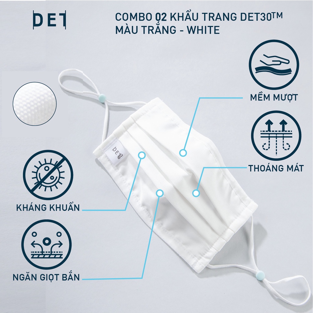 Combo 02 khẩu trang vải kháng khuẩn cao cấp DETERMINANT - kháng nước - màu trắng - White [DET30TM]